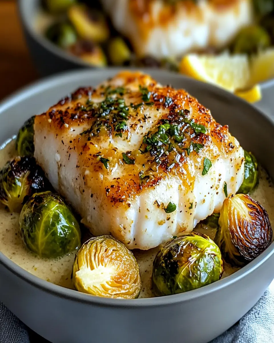 Delicious Lemon Garlic Butter Cod Bowls with Roasted Brussels Sprouts First Image First Image