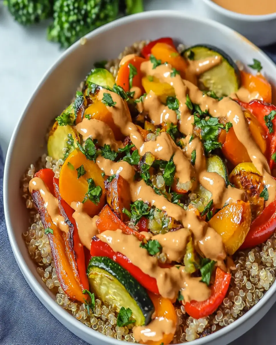 Quinoa & Roasted Vegetable Bowls with Creamy Peanut Sauce First Image First Image