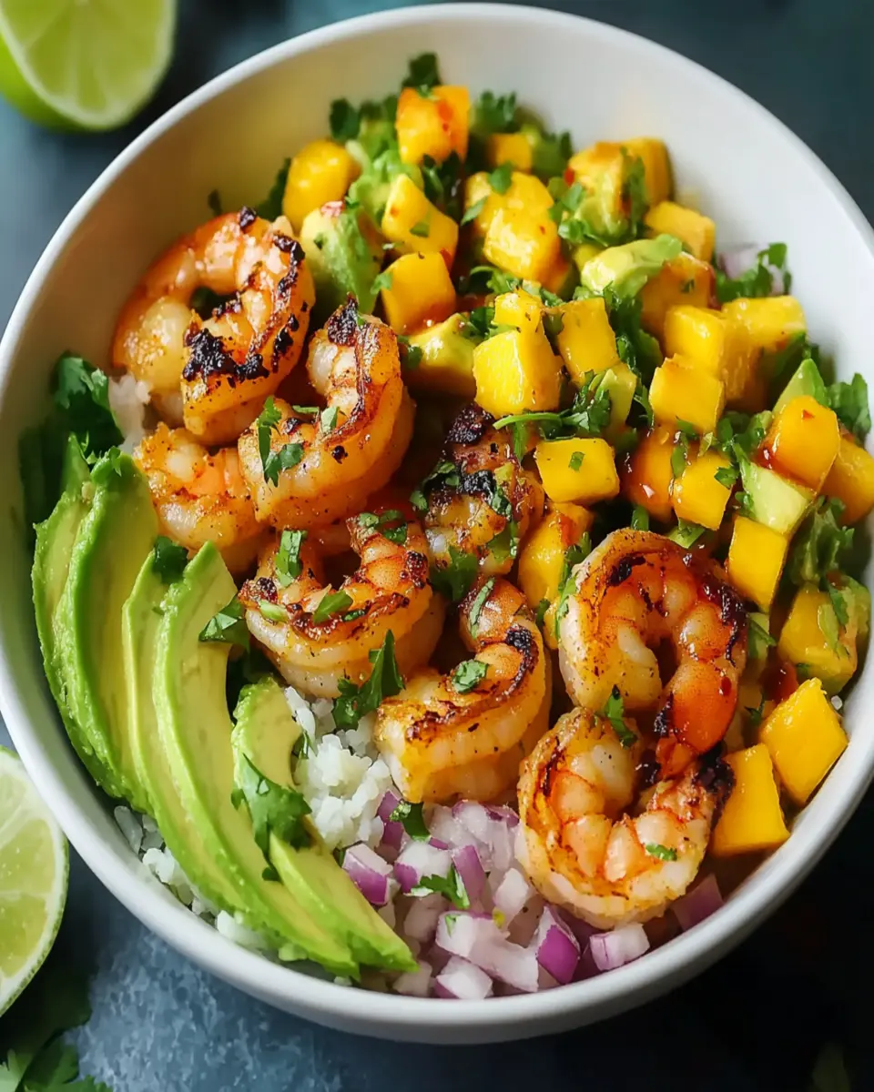 Shrimp and Avocado Bowls with Mango Salsa & Lime Chili Sauce First Image First Image